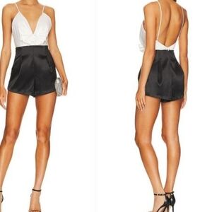 NWT NBD Black Satin High-Rise Romper Black White Front Bow Size S